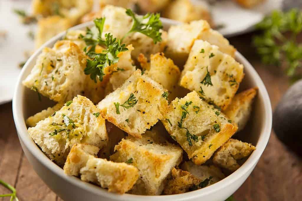 croutons in a bowl made from old breadsticks