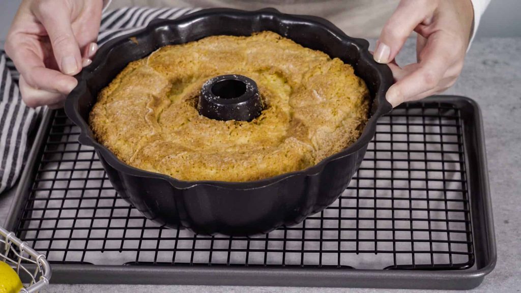 freshly baked a lemon pound cake in a bundt cake pan