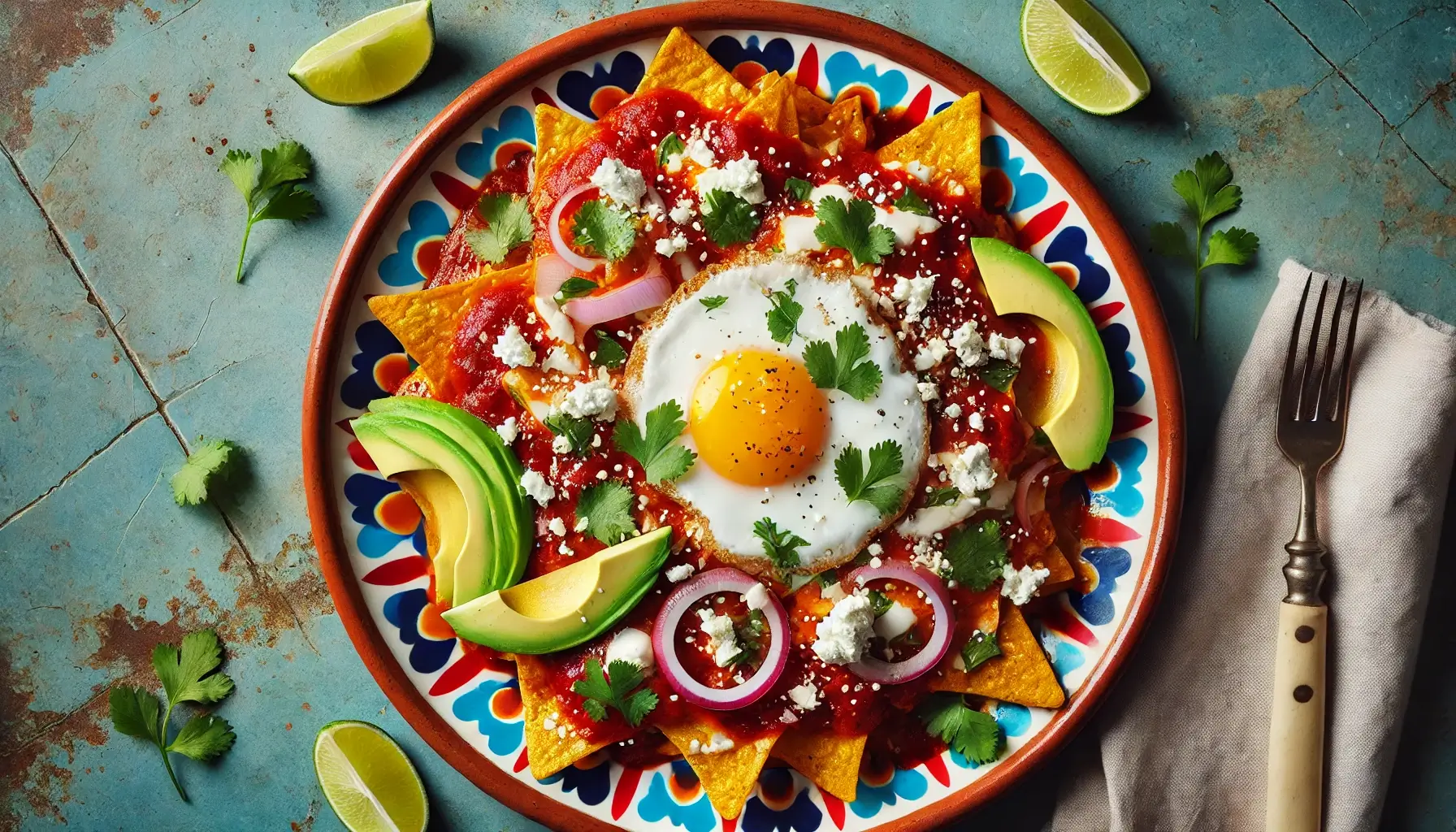 Chilaquiles for breakfast: fried corn tortilla pieces under salsa, crumbled cheese and a fried egg.