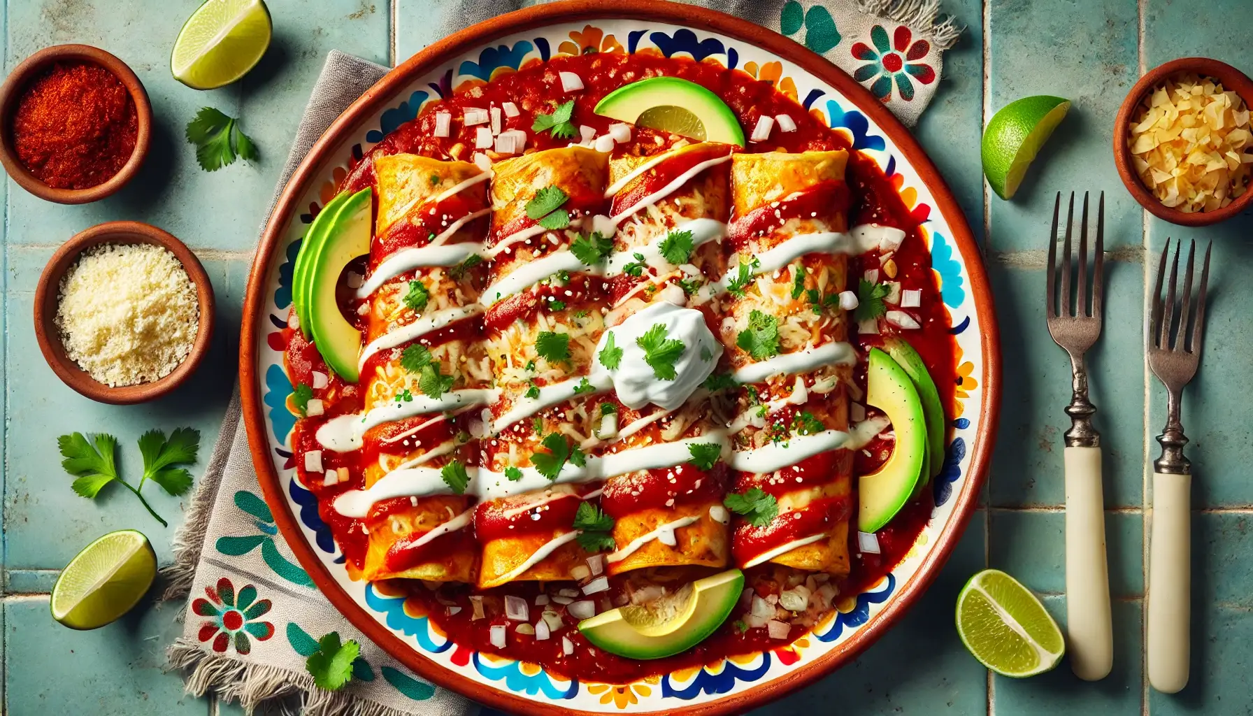 Rolled enchiladas filled with meat and cheese, covered in a red chilli and tomato sauce and baked in a dish.