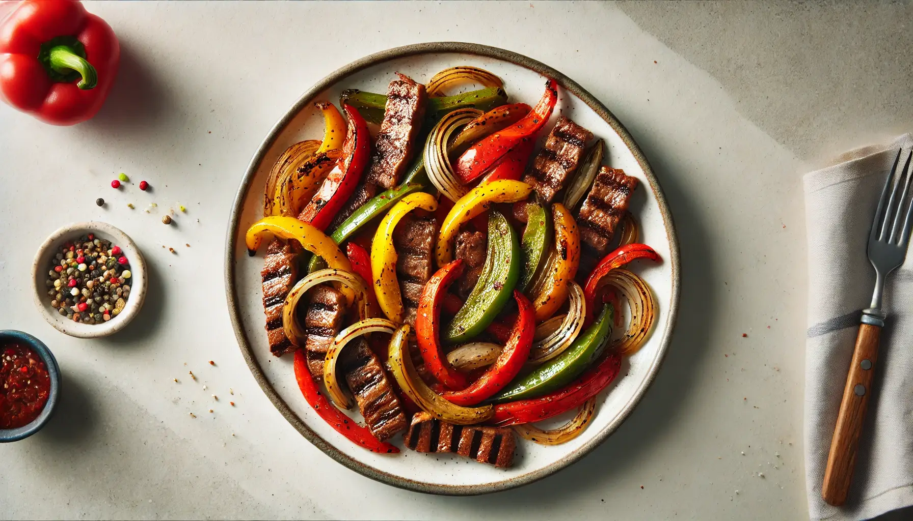 Fajitas sizzling in a cast iron pan: strips of grilled beef with onion and capsicum, served with warm tortillas.