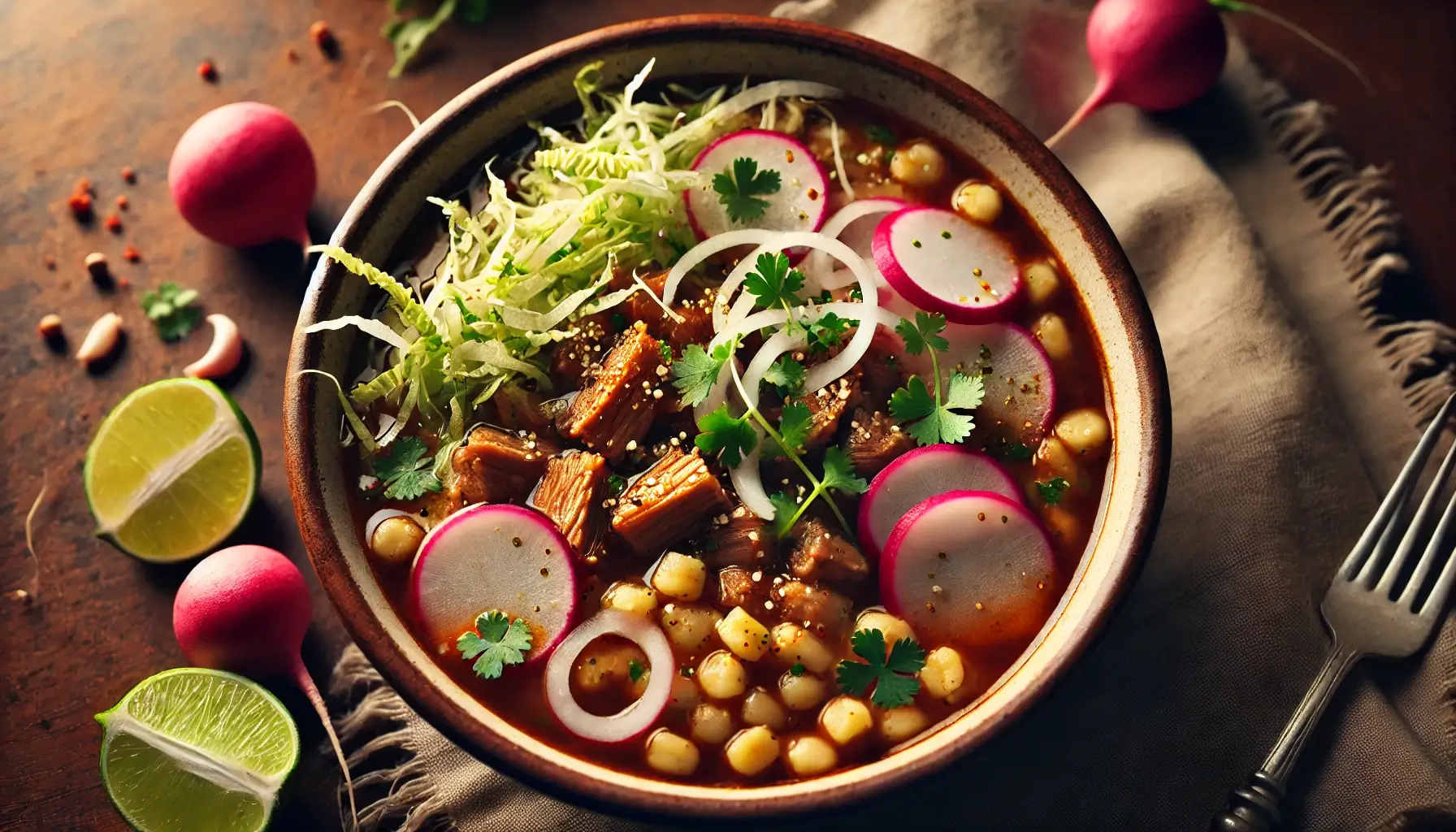 A bowl of pozole, the Mexican hominy and pork soup in a red chilli broth, topped with shredded cabbage and radish.