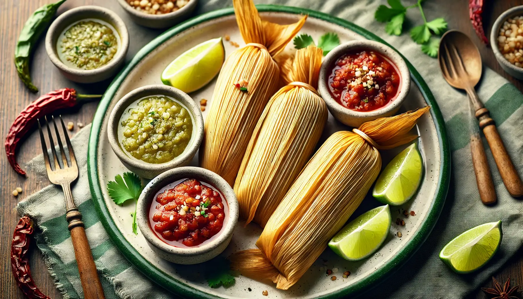 Steamed tamales in their corn husks, the masa dough parted to show a savoury meat filling.