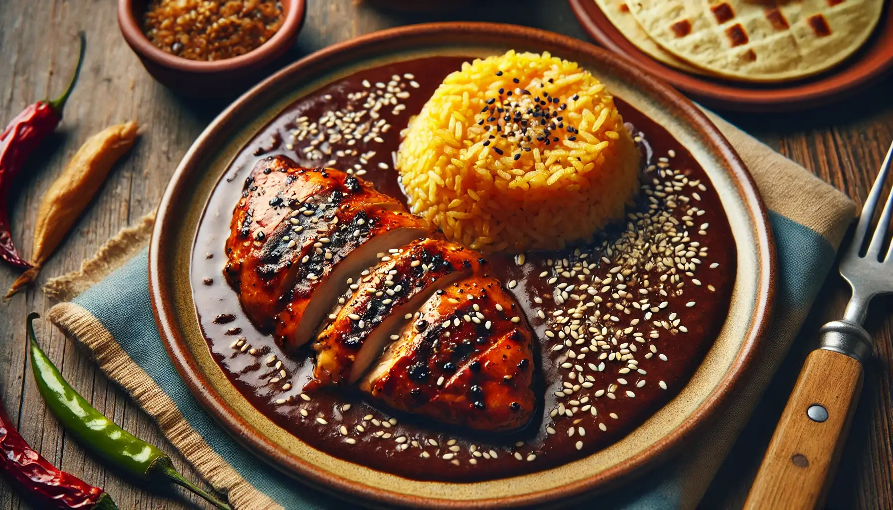 Chicken served under a dark mole sauce, the thick Mexican sauce blended from chillies, spices and chocolate.