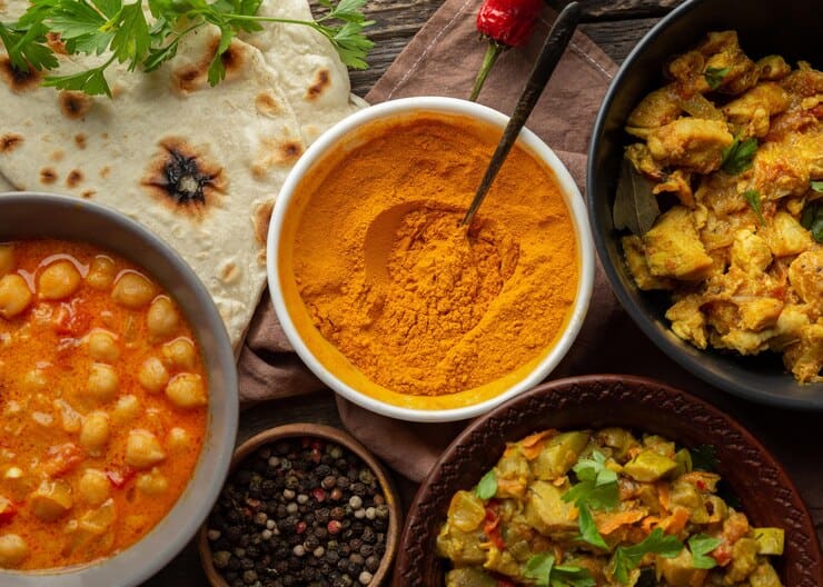 A vibrant display of Indian vegetarian dishes featuring an array of colorful spices and herbs. The food looks aromatic and inviting.