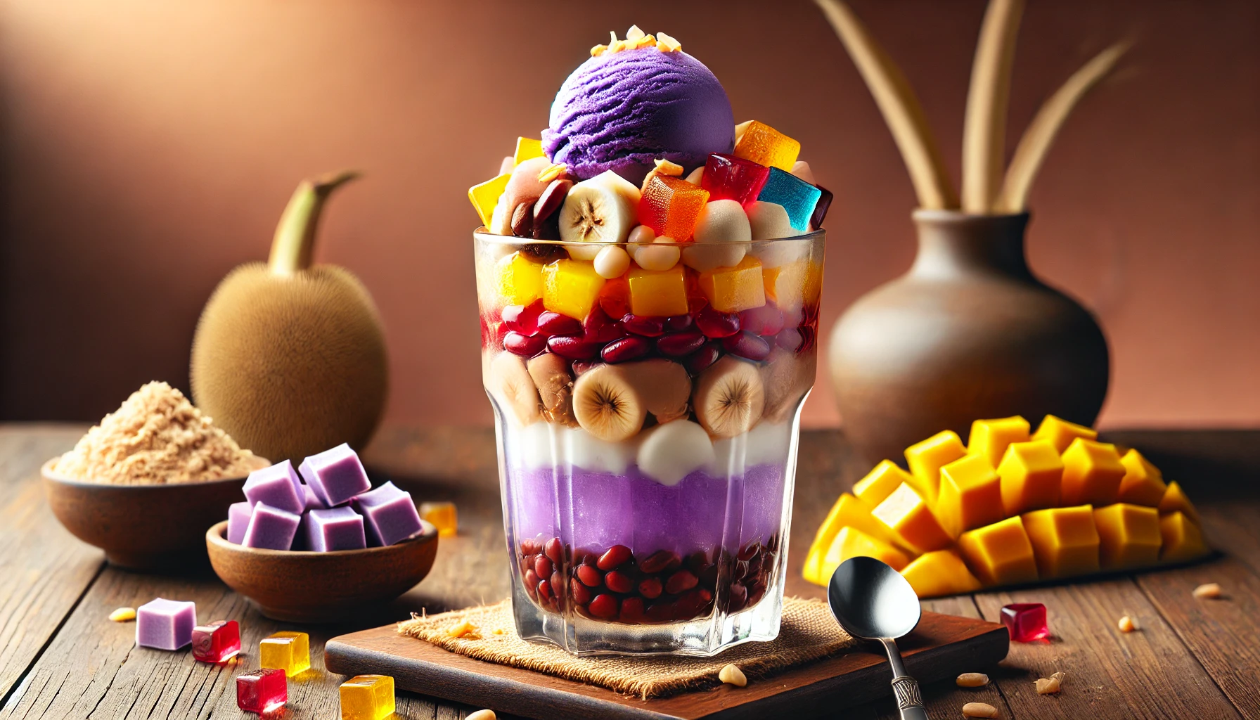 This is an image of a colorful Filipino dessert called "Halo-Halo" presented in a tall clear glass. The layers consist of various ingredients like sweetened beans, jellies, fruits such as banana and mango, shaved ice, and topped with ube (purple yam) ice cream. The background includes complementary elements like diced mangoes, ube cubes, and other ingredients, giving it a vibrant and appetizing presentation. Let me know if you'd like more information or need assistance! 