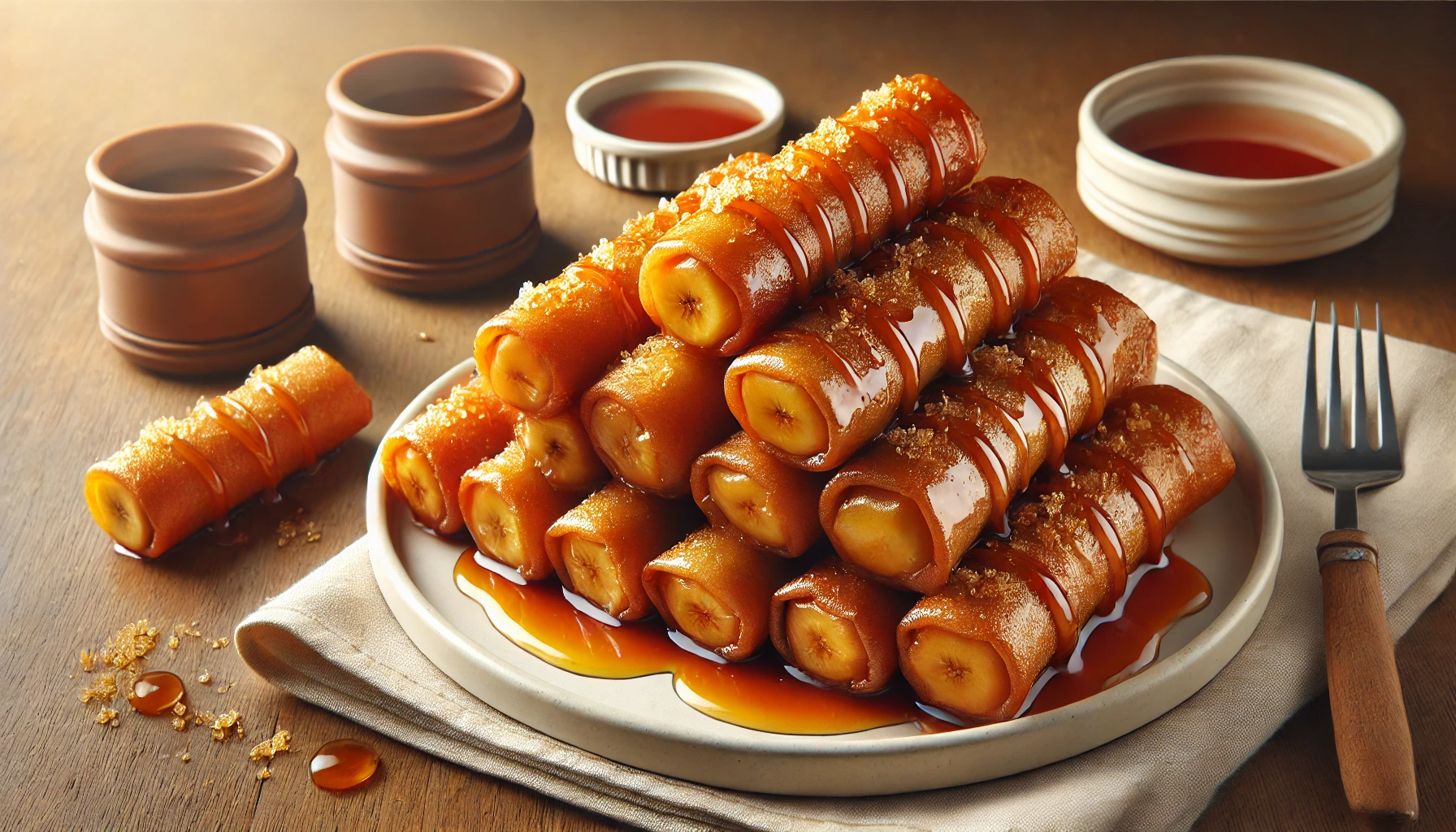 This image showcases a plate of Filipino "Turon," crispy banana spring rolls glazed with caramelized sugar. The rolls are stacked neatly on a white plate, with golden syrup drizzled over them for added sweetness. The background includes small bowls and cups, complementing the rustic and appetizing presentation. Let me know if you need further assistance! 