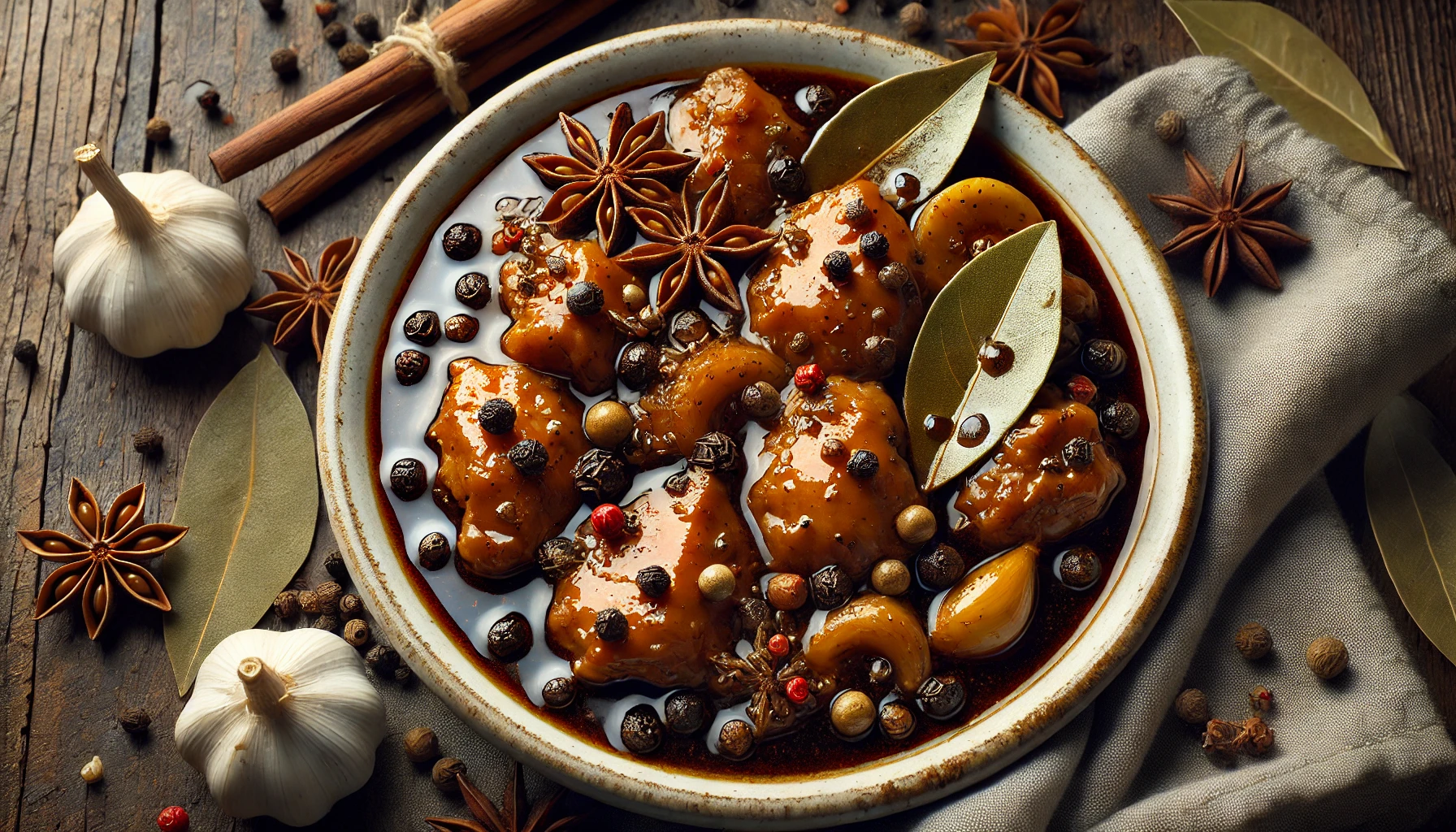 This image showcases a plate of Filipino Chicken Adobo, a popular dish made with tender chicken pieces stewed in a rich soy sauce and vinegar base. The dish is garnished with bay leaves, whole peppercorns, caramelized garlic, and star anise, giving it an aromatic and flavorful presentation. The warm and rustic setup emphasizes the comforting appeal of this classic Filipino dish. Let me know if you'd like additional information or edits! Filipino cuisine recipe 