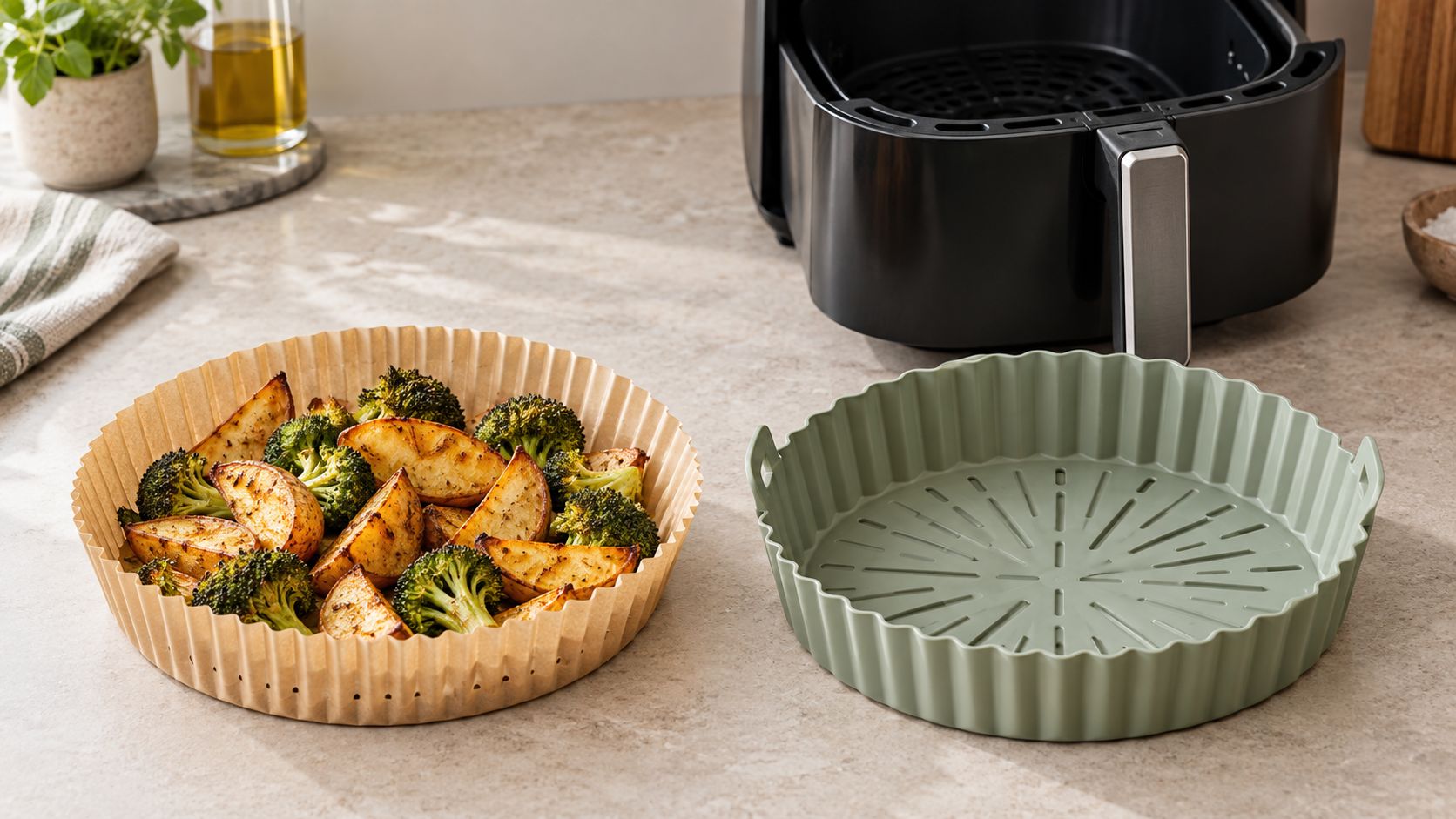 A perforated parchment air fryer liner holding roasted potato wedges and broccoli, next to an empty sage silicone liner with a slotted base, in front of an open basket air fryer.