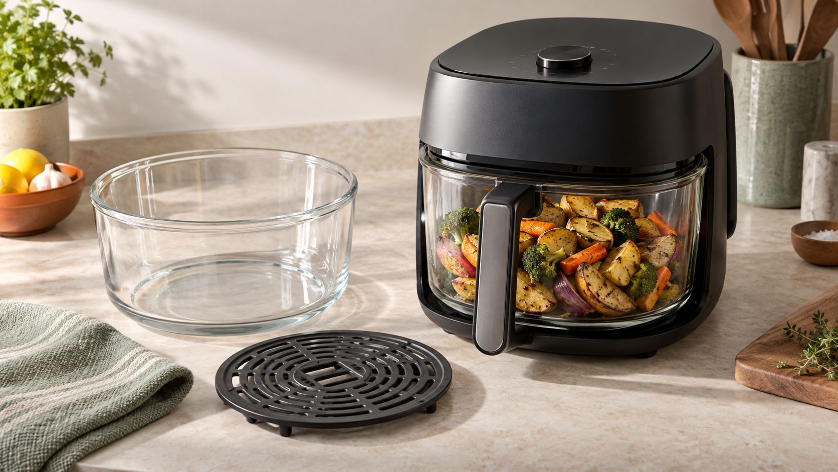 A glass-bowl air fryer of roasted potatoes, carrots and broccoli on a kitchen bench, with a spare glass bowl and a separate black metal crisper plate beside it.