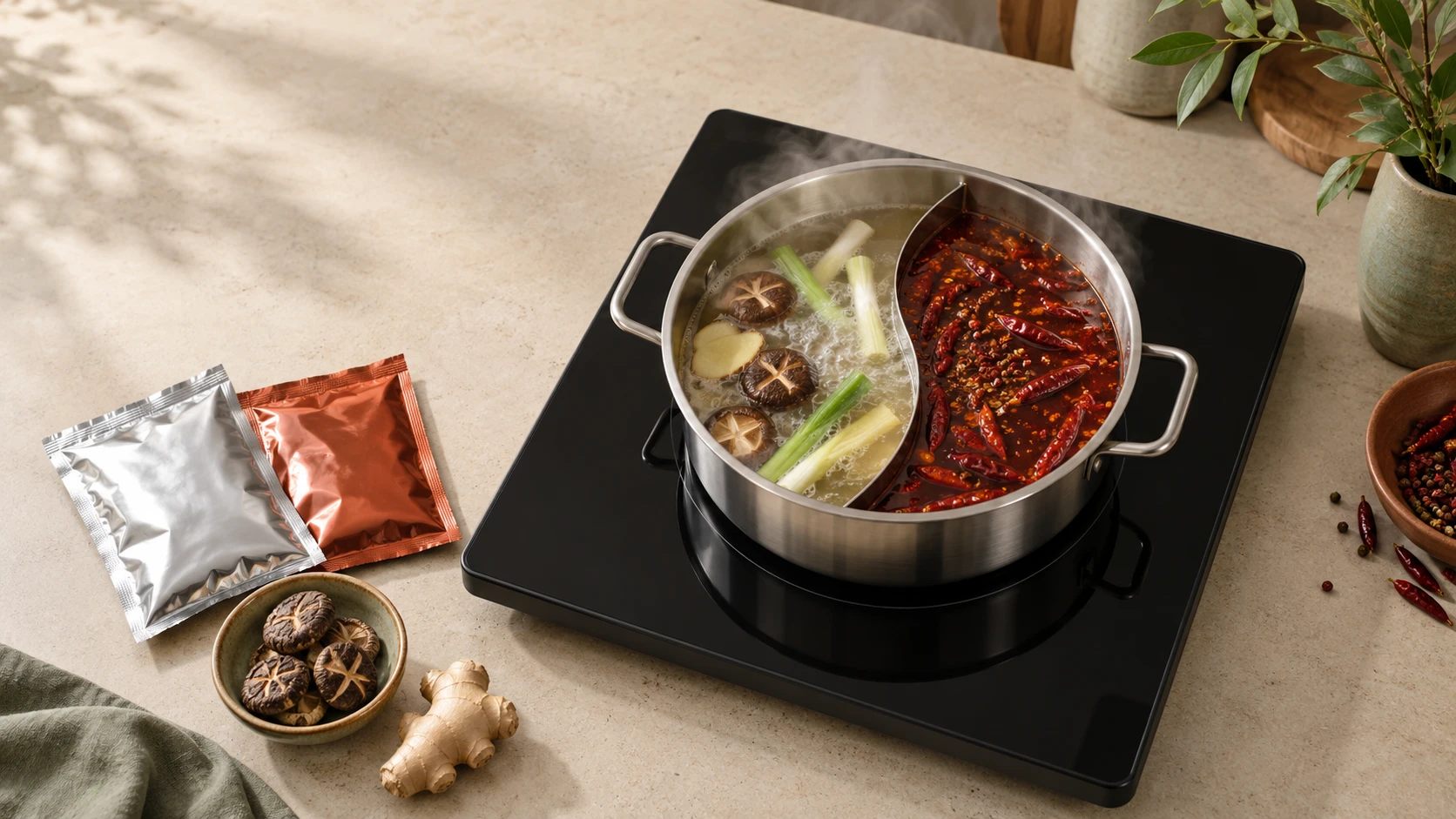 A divided hot pot simmering on a portable induction plate, one side a clear broth with ginger, spring onion and shiitake, the other a deep red mala broth of dried chillies and Sichuan peppercorns, with two plain foil soup base packets and a dish of dried shiitake beside it.