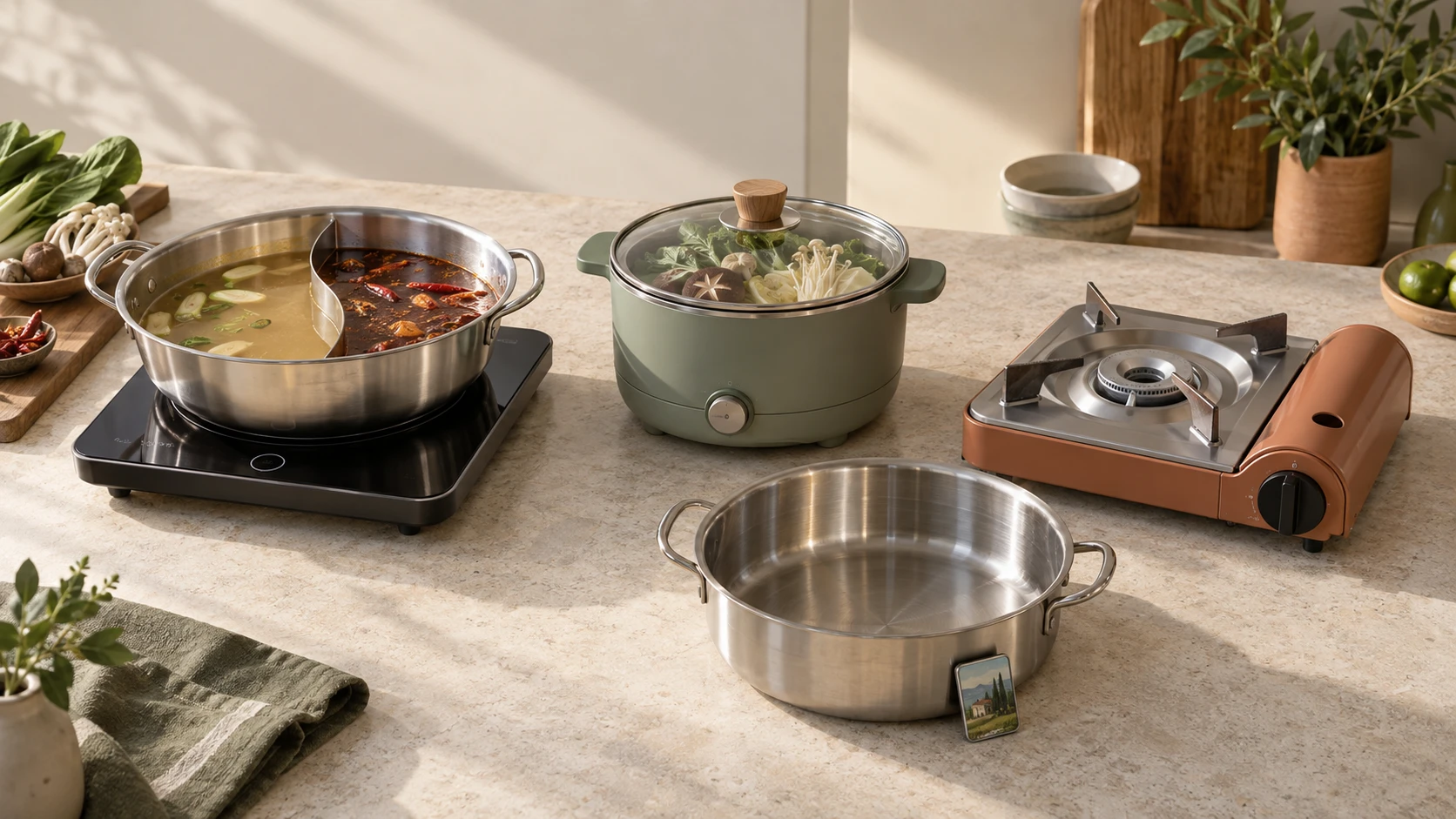Three hot pot heat sources on a stone benchtop: a divided stainless pot of clear and spicy broth on a portable induction plate, a sage green electric hot pot with a glass lid, and a portable butane burner, with an empty stainless pot and a fridge magnet in front.