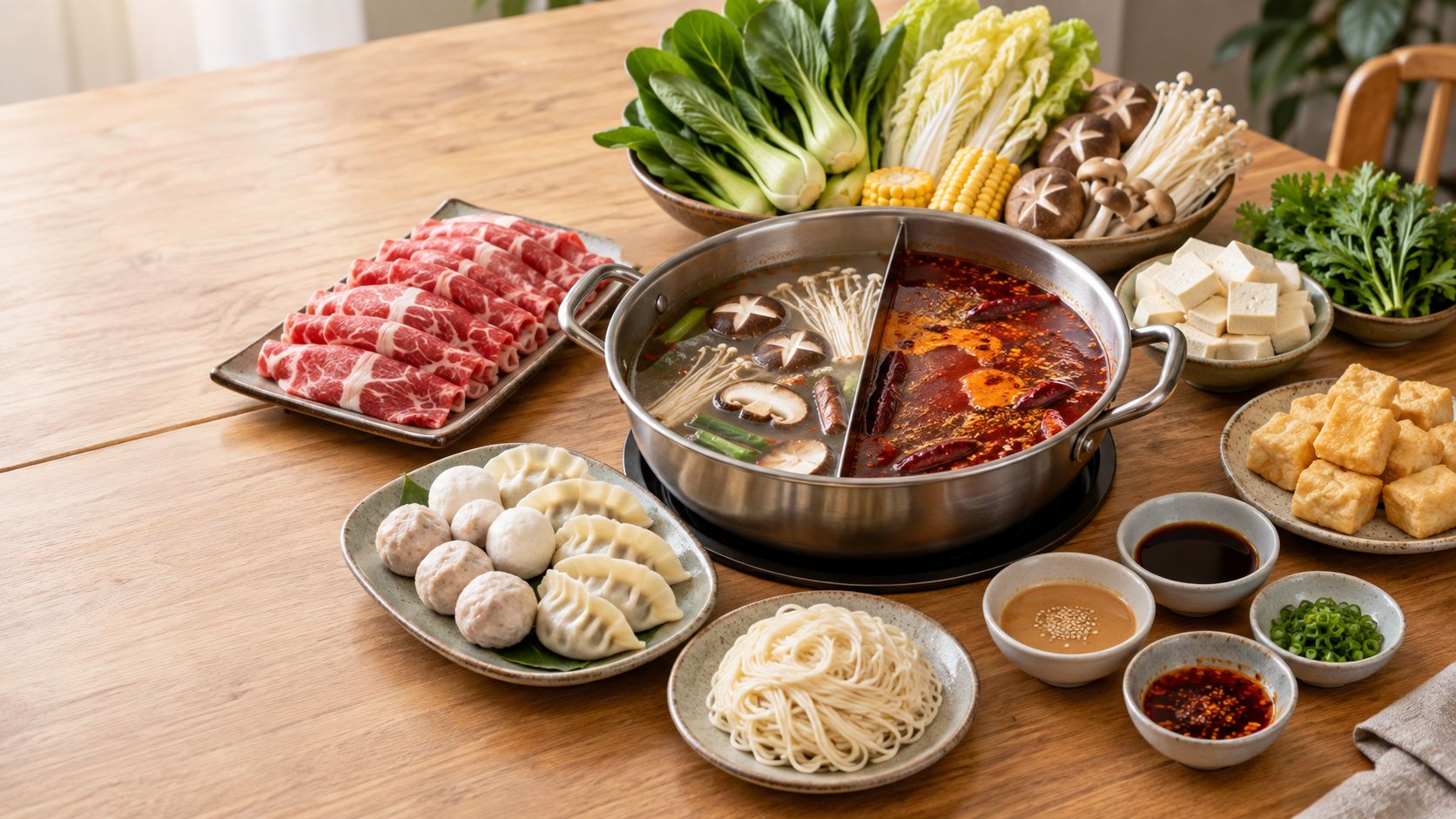 Hot pot ingredients arranged around a divided pot of clear and spicy broth, with sliced beef, tofu, mushrooms, greens, dumplings, noodles and dipping sauces on a wooden table.