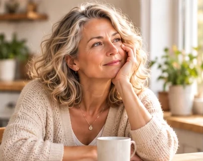 A woman in a cream cardigan resting her chin on her hand at a kitchen table, looking thoughtful