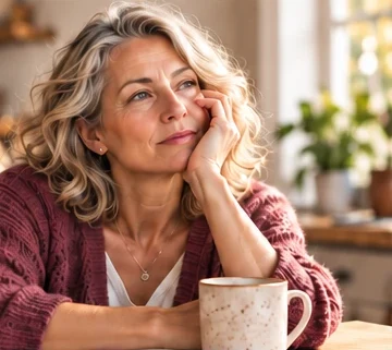 A woman in a burgundy cardigan at a kitchen table with a mug, chin on her hand