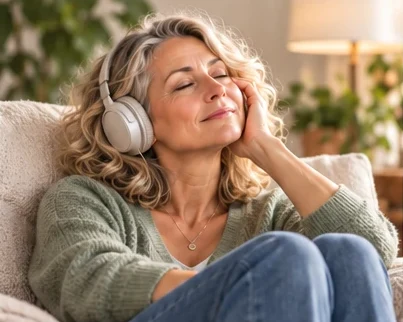 A woman in headphones relaxing in an armchair with her eyes closed
