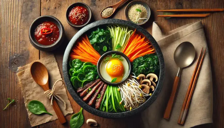 Korean bibimbap in a black stone bowl, with carrot, spinach, bean sprouts, mushrooms and sliced beef around an egg yolk