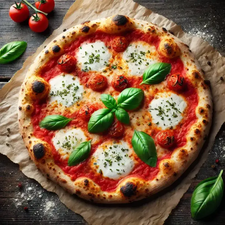 A Margherita pizza on a thin crisp base with tomato, torn mozzarella and fresh basil