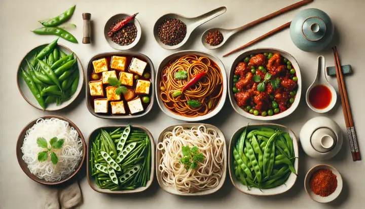 Five Sichuan dishes from above: mapo tofu, kung pao chicken, spicy hot pot, dan dan noodles and dry-fried green beans