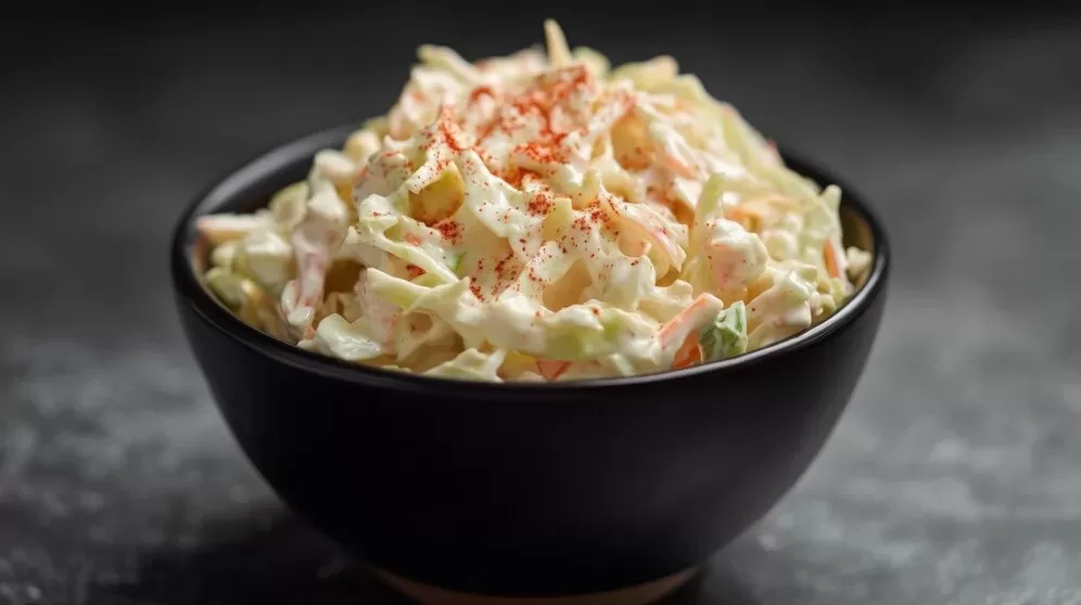 A bowl of creamy coleslaw, perfect for a paleo diet, is topped with a sprinkle of paprika. This delicious coleslaw combines shredded cabbage and carrots with a mayonnaise-based dressing. The bowl rests on a dark, textured surface, inviting you to indulge in its delightful crunch.