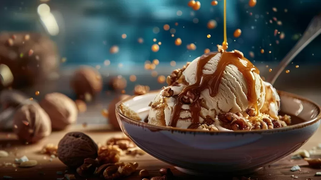 A bowl of creamy vanilla ice cream transforms into a delightful Almond Joy Sundae, topped with walnuts and drizzled caramel sauce. In the background, scattered almonds and walnuts rest on a wooden surface, enhanced by a dreamy blue bokeh effect.