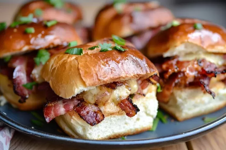 Close-up of savory and crispy scallop bacon sandwiches with a glossy bun, garnished with chopped onions served on a dark plate.