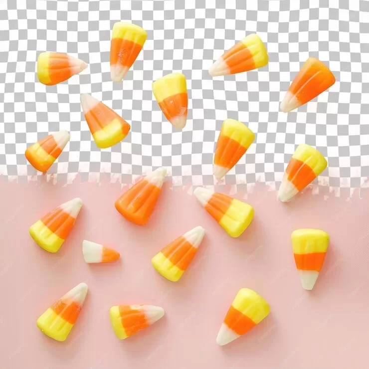 Paleo candy corn pieces scattered on a checkerboard background, transitioning into solid pink like a whimsical swirl. Each candy, with its distinct yellow, orange, and white stripes, resembles tasty popsicles ready to burst with flavor.