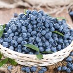 A basket filled with fresh blueberries and a few green leaves, placed on a rustic wooden surface. Some blueberries are scattered around the basket, adding to the natural, farm-fresh feel.