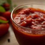 A close-up of a glass filled with chunky, rich pizza sauce, with a blurred background of fresh tomatoes and green herbs. The sauce appears textured, suggesting a homemade or artisanal quality—perfect for keeping in the fridge.