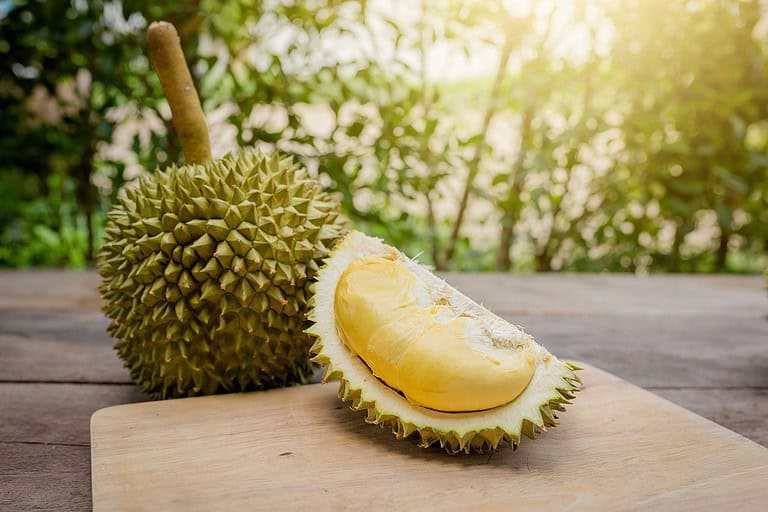 A fresh durian fruit on a wooden table, with one half cut open to reveal its creamy, yellow flesh. The background features a blurred, sunlit garden, adding a natural and tropical ambiance to the scene