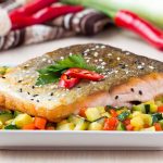 A crispy salmon fillet, with perfectly crackled salmon skin, is garnished with sliced red chili and parsley and sits on a bed of colorful diced vegetables, including zucchini and bell peppers. Red chili peppers and leeks are visible in the background.