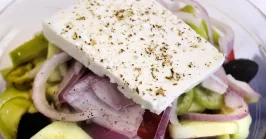 Greek salad with fresh feta cheese, close-up