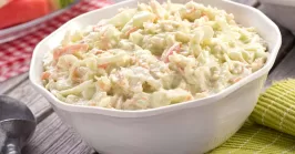 a bowl of delicious creamy homemade coleslaw