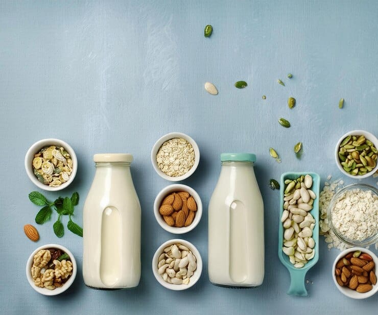 Two bottles of plant-based milk sit beside small bowls filled with an assortment of nuts, seeds, and oats on a light blue surface. Ingredients include almonds, walnuts, cashews, pistachios, and rolled oats—perfect for a vegan milk.