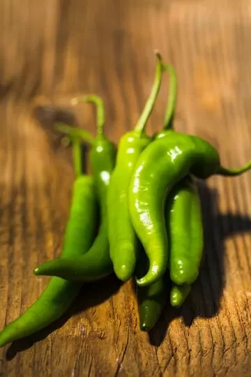 A cluster of fresh green jalapenos lies on a rustic wooden surface, with warm, natural light highlighting their shiny, smooth texture.