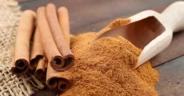 Cinnamon sticks and cinnamon powder in wooden scoop