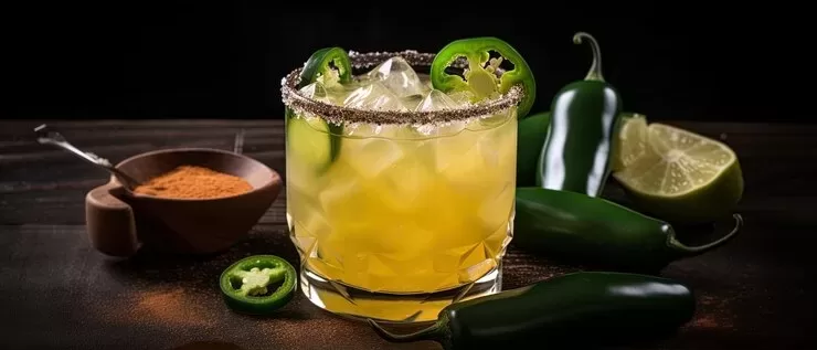 A spicy cocktail with ice cubes in a glass garnished with jalapeño slices, enhanced with a splash of jalapeño juice, sits on a dark surface. Rimmed with salt, it’s surrounded by fresh jalapeños, a halved lime, and a small bowl of chili powder.