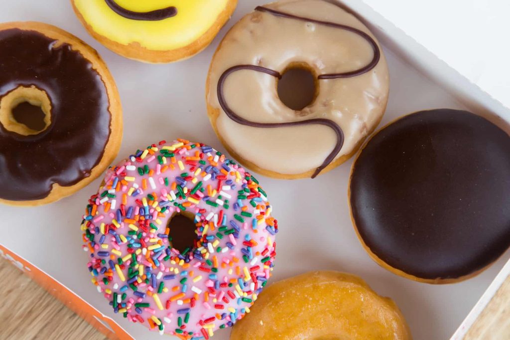 colorful dunkin donuts in box