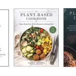 Three enticing plant-based cookbooks are displayed. The first is "The How Not to Die Cookbook," the second is "The Plant-Based Cookbook," adorned with a bowl of vibrant food, and the third is the vegan masterpiece "Plant-Based Delicious," showcasing a tempting plate of pasta.