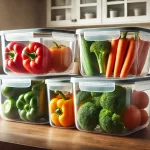Sunlight streams through a window, illuminating plastic containers filled with fresh vegetables like red and green bell peppers, broccoli, carrots, and cucumbers, all neatly stacked on a wooden kitchen counter in the modern kitchen scene.