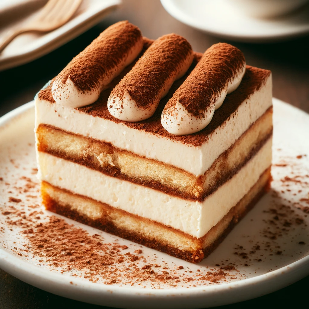 A slice of tiramisu, a classic delight in Italian cuisine, rests on a white plate. The dessert boasts three layers of coffee-soaked sponge cake and creamy mascarpone, topped with cocoa powder. In the background, a fork and a coffee cup are partially visible.