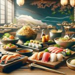 A beautifully set table celebrates Japanese cuisine, featuring sushi, sashimi, tempura, and noodle dishes. A serene mural with mountains and cherry blossoms in the background enhances the traditional ambiance.