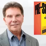 A person in a suit is smiling against a plain backdrop, embodying the essence of "Pre-Suasion." To the right is the cover of Robert Cialdini's book, "Pre-Suasion: A Revolutionary Way to Influence and Persuade," set against a striking red to yellow gradient background.