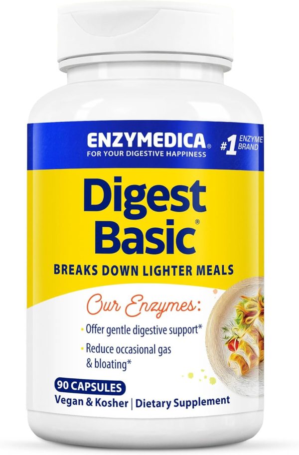 Enzymedica Enzymedica Digest Basic 90 caps provides gentle digestive support to alleviate gas and bloating. The bottle contains 90 vegan and kosher capsules, featuring a predominantly blue and yellow label that emphasizes its benefits for easy digestion.