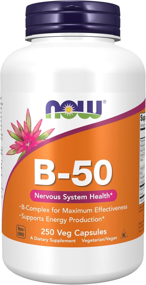 The "NOW Vitamin B-50 mg" dietary supplement comes in a bottle with an orange label, featuring 250 vegetarian capsules designed for nervous system support and energy production. This non-GMO product has the brand logo, a flower graphic, and emphasizes its Veg Capsules for optimal absorption.