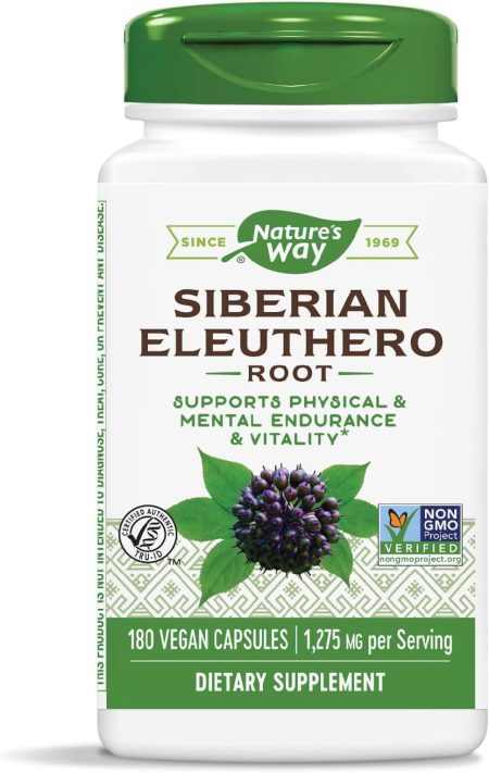 A bottle of Nature's Way Premium Herbal Siberian Eleuthero, providing 1,275 mg per serving with 180 vegan capsules, features a label highlighting "Supports Physical & Mental Endurance & Vitality" alongside a botanical illustration of the herbal root and certification logos.