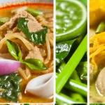 A collage of vibrant Thai food showcases shrimp, boiled eggs, and an array of vegetables. Each section displays rich green and red curries, garnished with lime, chili peppers, and fresh herbs, creating a colorful and appetizing presentation.