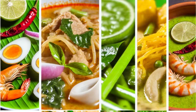 A collage of vibrant Thai food showcases shrimp, boiled eggs, and an array of vegetables. Each section displays rich green and red curries, garnished with lime, chili peppers, and fresh herbs, creating a colorful and appetizing presentation.