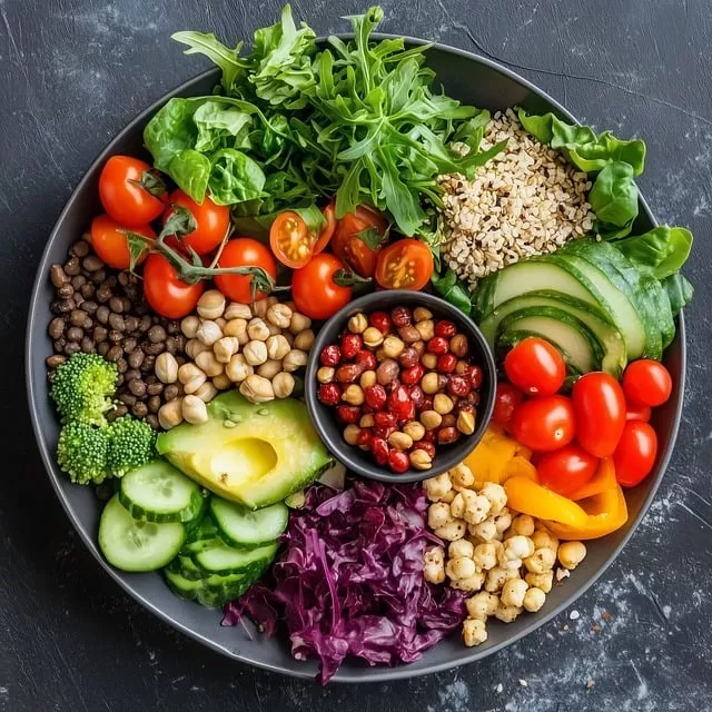 A black bowl filled with a colorful assortment of vegetables and grains, ideal for paleo and vegan diets. It includes tomatoes, greens, quinoa, black lentils, chickpeas, broccoli, avocado, cucumber, bell peppers, red cabbage, and a small dish of mixed beans in the center.