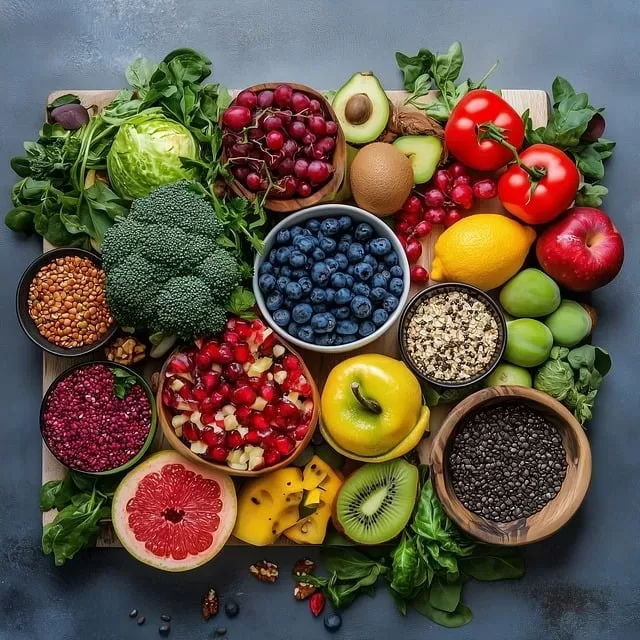 A vibrant assortment of fresh fruits and vegetables, including blueberries, pomegranate, kiwi, avocado, broccoli, bell peppers, lentils, and leafy greens showcases the difference between paleo and vegan choices on a wooden board against a gray background.